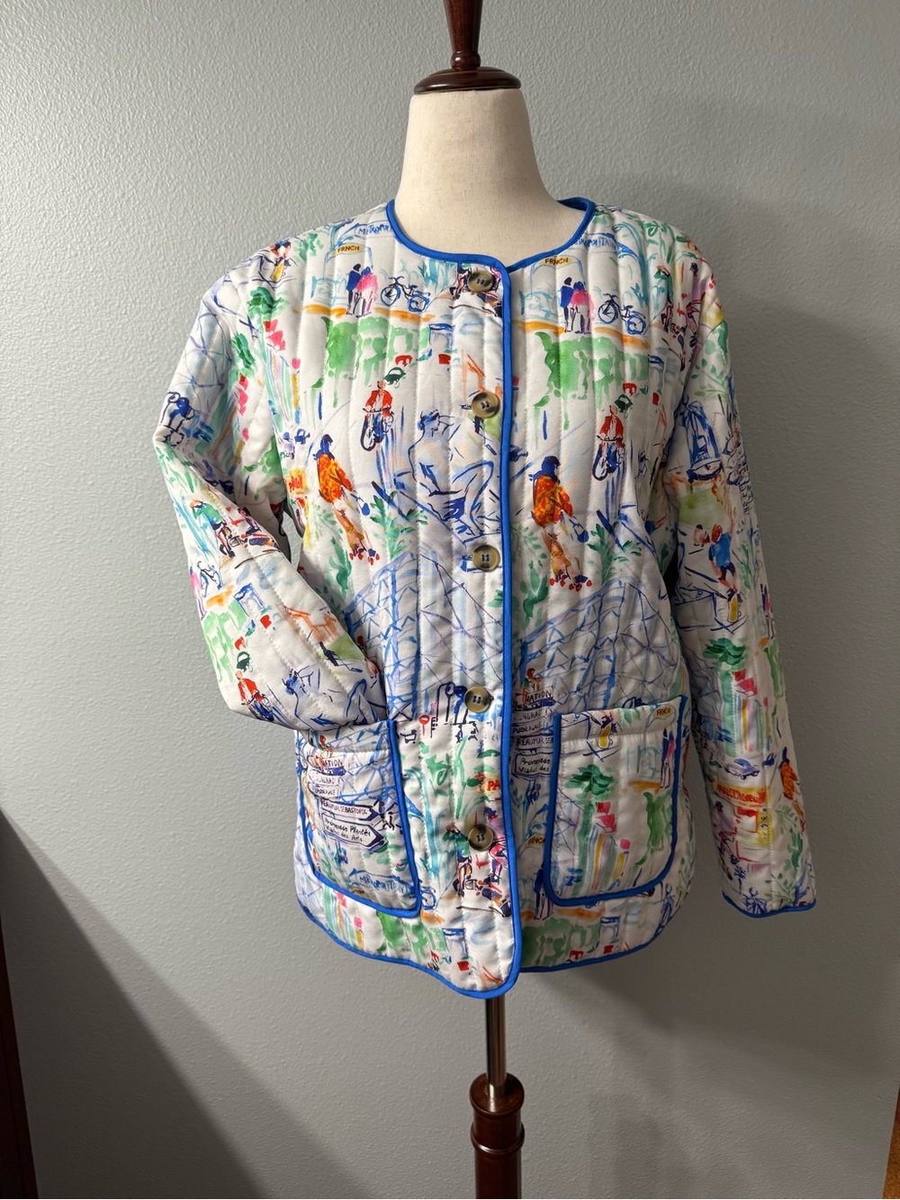 Parisian European Whimsical Print Quilted Jacket Button Front Fully Lined, NWOT - Picture 3 of 10